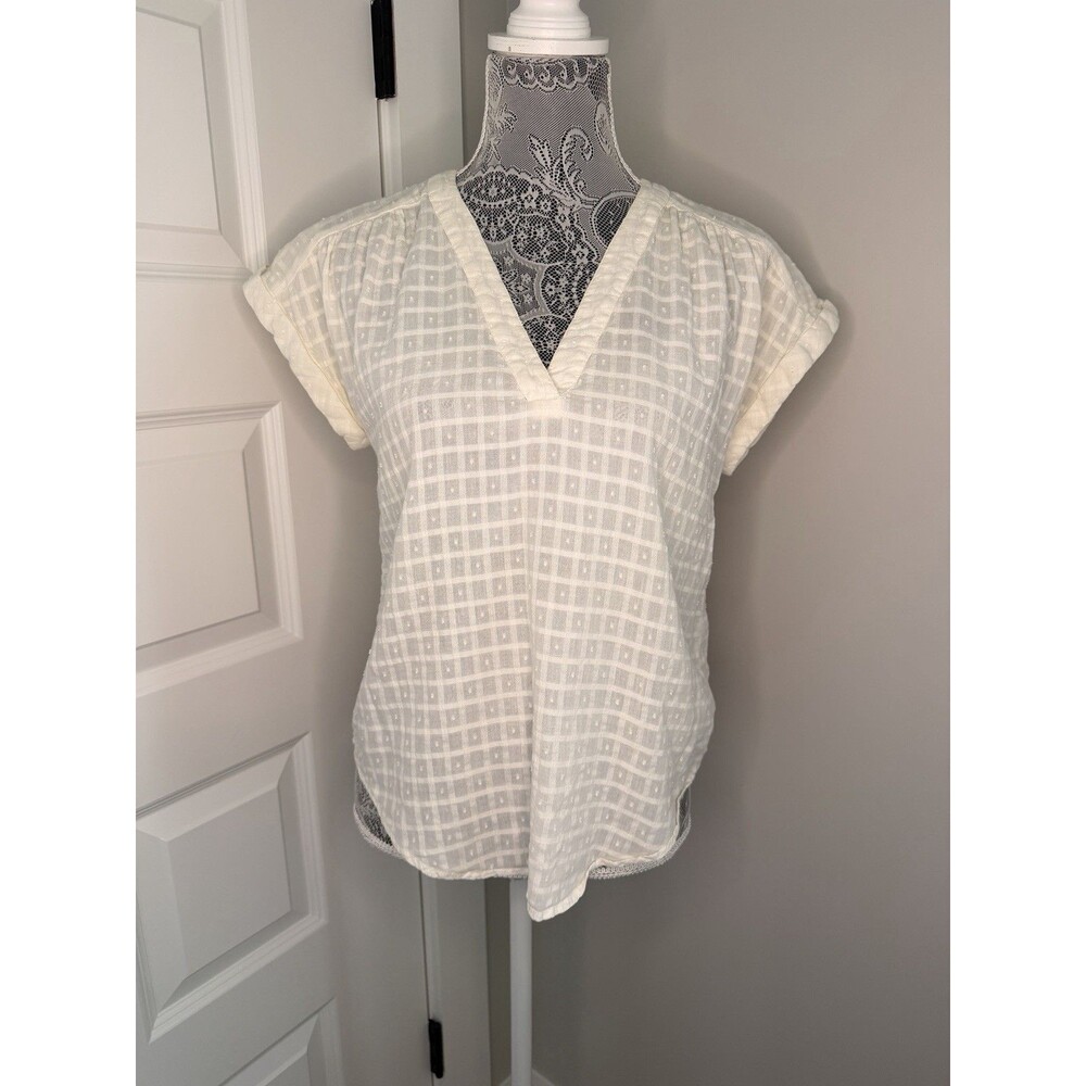 Gap Cotton Cream Textured Grid Short Sleeve V-Neck Blouse Top XS Cottagecore